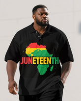 Big Men's Simple Map JUNETEETH Theme Short Sleeve Polo Shirt Shorts 2-Piece Suit